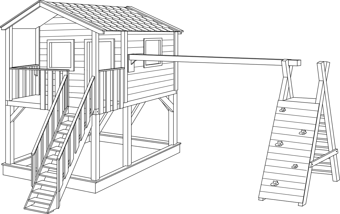 Schemat stelażu na huśtawki ze ścianką wspinaczkową i drabinką